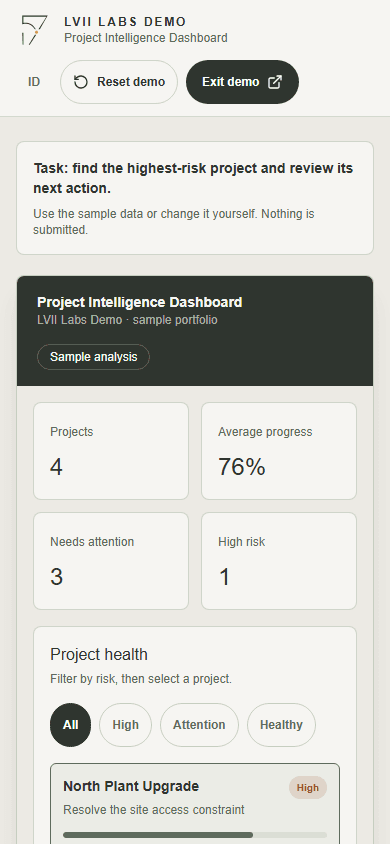Project Intelligence Dashboard displayed as stacked cards on a mobile screen