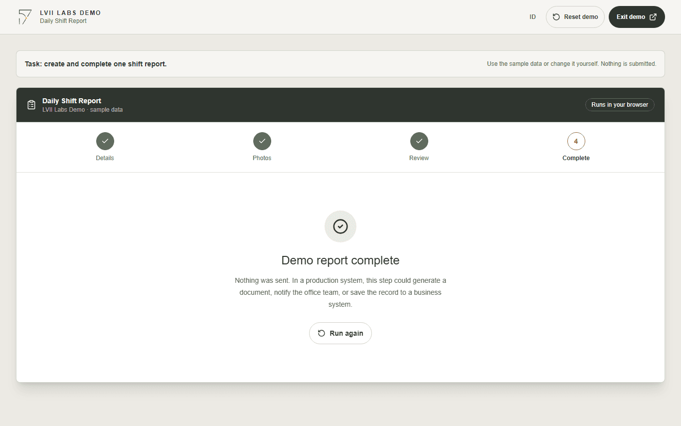 Daily Shift Report completion screen explaining that no real report was sent
