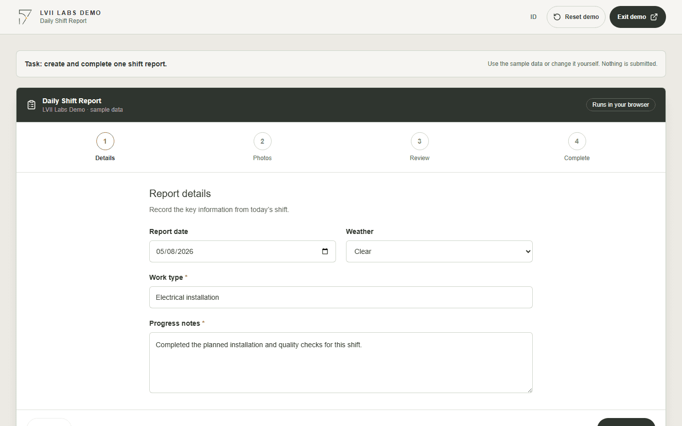 Daily Shift Report details form with report date, weather, work type, and progress notes
