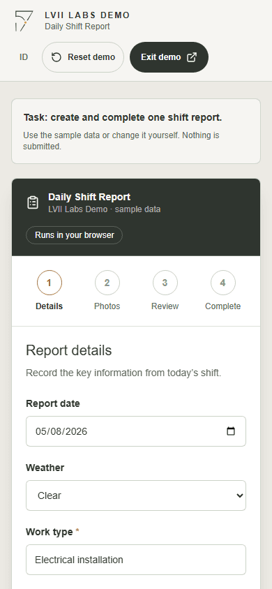 Daily Shift Report form displayed on a mobile screen