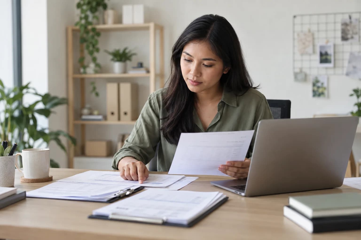 Operations specialist checking a paper order beside a laptop