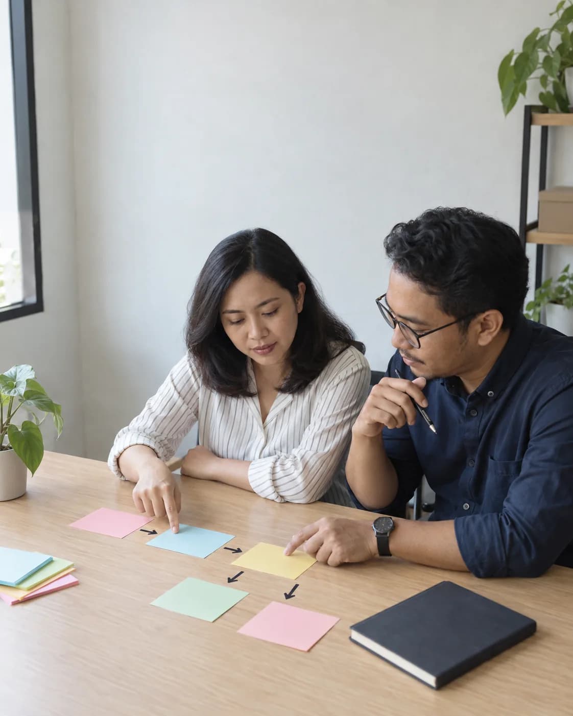 Two colleagues mapping a business workflow together