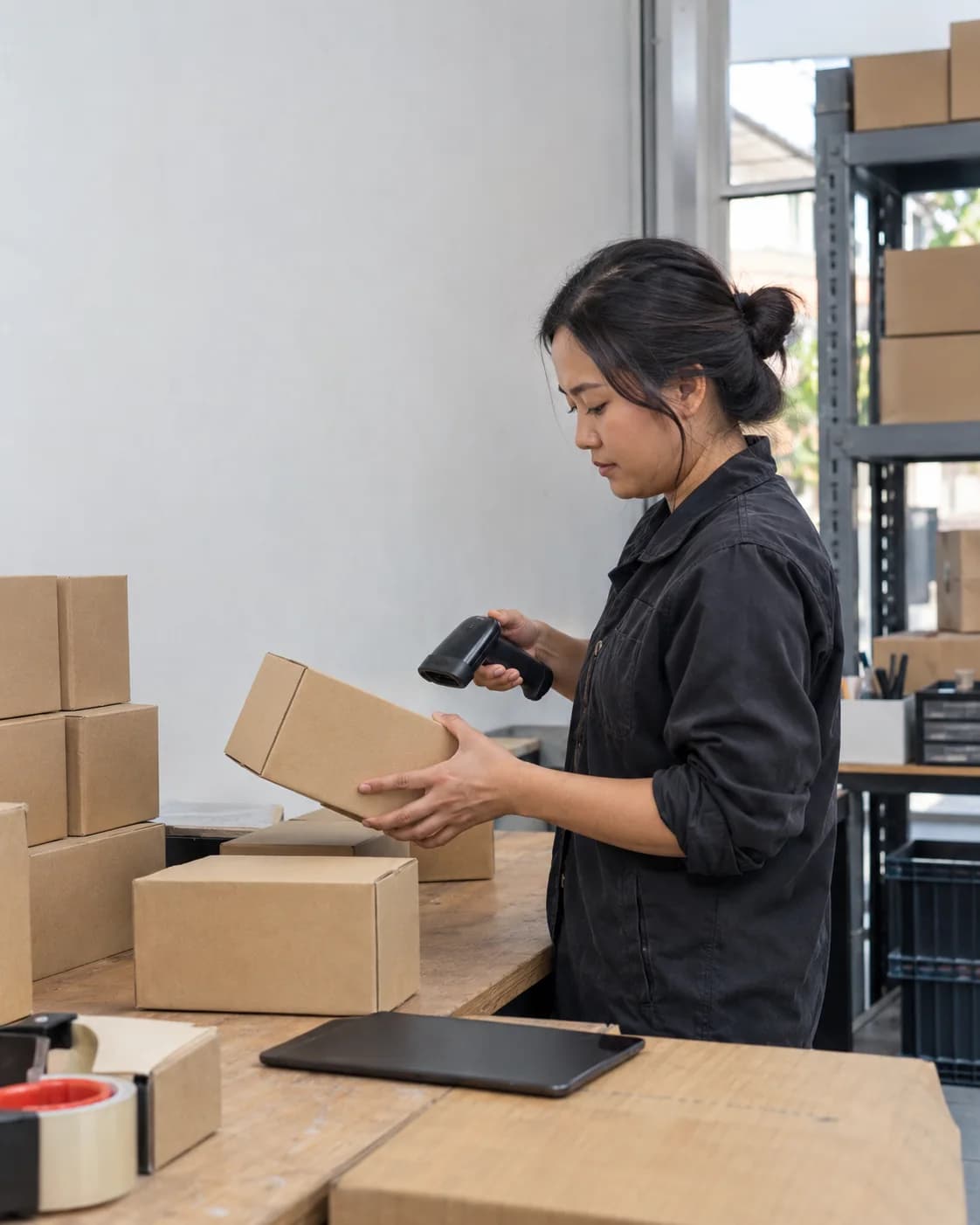 Operations team member scanning a stock item in a warehouse