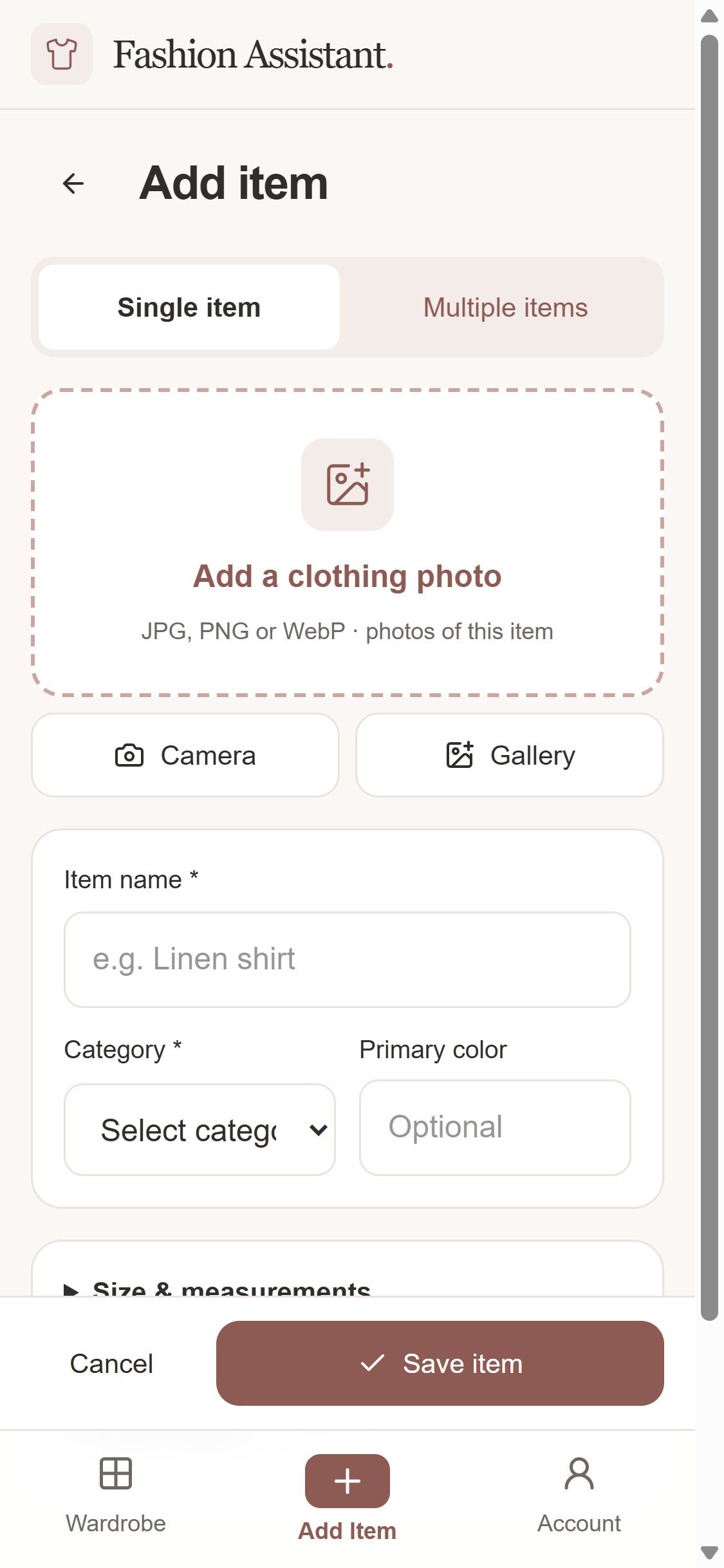 Actual Fashion Assistant Add item screen with camera, gallery, category and optional measurements
